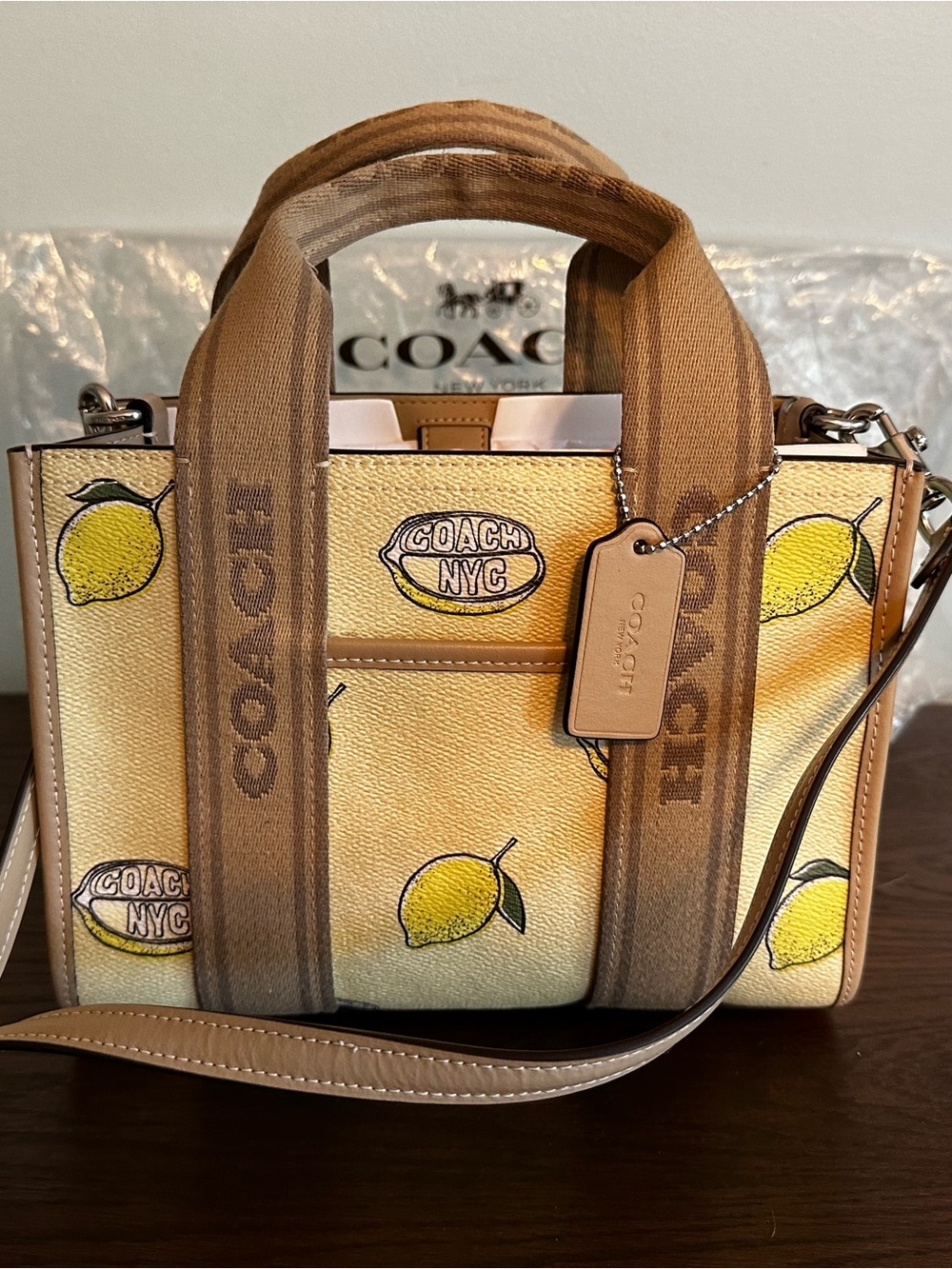 Coach Lemon Print Canvas Tote in Yellow and Tan